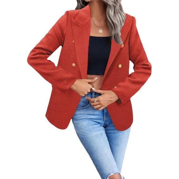 Business Work Tweed Plaid Jacket Suit Pocket -Red - Picture 5 of 6